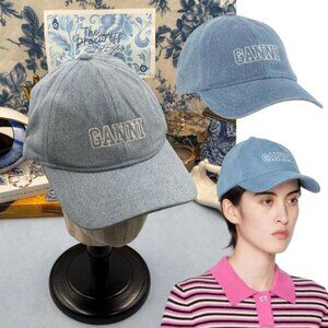 🆕 GANNI 🧿 NWT White Logo Embroidered Blue Denim Baseball Cap, Woman's Hat